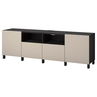 IKEA Bestå tv-meubel met deuren en lades, zwartbruin/lappviken/stubbarp lichtgrijs/beige, 240x42x74 cm aanbieding