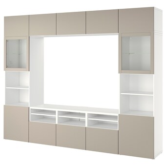 IKEA Bestå tv-opbergcombinatie/vitrinedeuren, wit sindvik/lappviken lichtgrijs/beige, 300x42x231 cm aanbieding