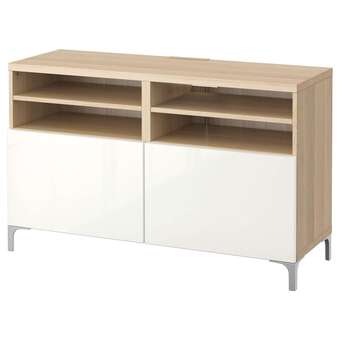 IKEA Bestå tv-meubel met deuren, wit gelazuurd eikeneffect/selsviken/nannarp hoogglans/wit, 120x42x74 cm aanbieding