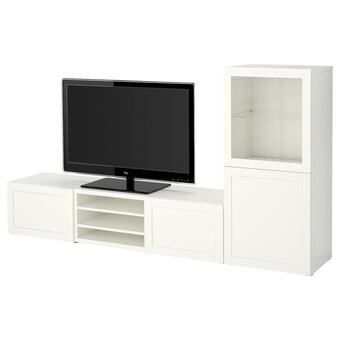 IKEA Bestå tv-opbergcombinatie/vitrinedeuren, wit/hanviken wit helder glas, 240x42x129 cm aanbieding