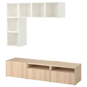 IKEA Bestå / eket kastencombinatie voor tv, wit gelazuurd eikeneffect/wit, 180x42x170 cm aanbieding