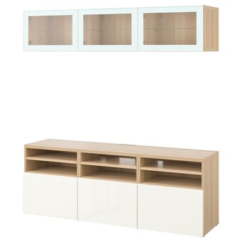 IKEA Bestå tv-opbergcombi/vitrinedeuren, wit gelazuurd eikeneffect/selsviken hoogglans/wit helder glas, 180x42x192 cm aanbieding