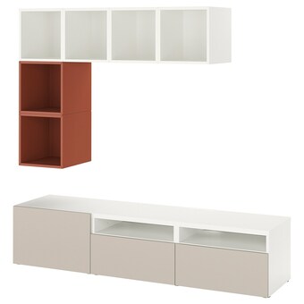 IKEA Bestå / eket kastencombinatie voor tv, wit/rood-bruin/licht grijsbeige, 180x42x170 cm aanbieding