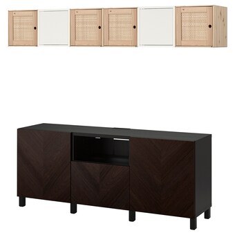 IKEA Bestå / eket kastencombinatie voor tv, zwartbruin grenen/donkerbruin gebeitst eiken fineer, 210x42x220 cm aanbieding