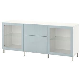 IKEA Bestå opberger met lades, wit selsviken/ösarp/licht grijsblauw helder glas, 180x42x74 cm aanbieding