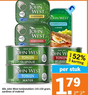 Albert Heijn Alle John West tonijnstukken 145-150 gram, sardines of makreel aanbieding