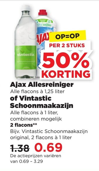 PLUS Ajax Allesreiniger 1.25 liter of Vintastic Schoonmaakazijn 2 flacons 1 liter aanbieding