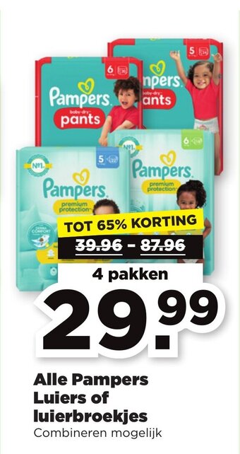 PLUS Alle Pampers Luiers of luierbroekjes 4 pakken aanbieding