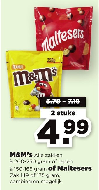 PLUS M&M's 200-250 gram of Maltesers 149 of 175 gram 2 stuks aanbieding