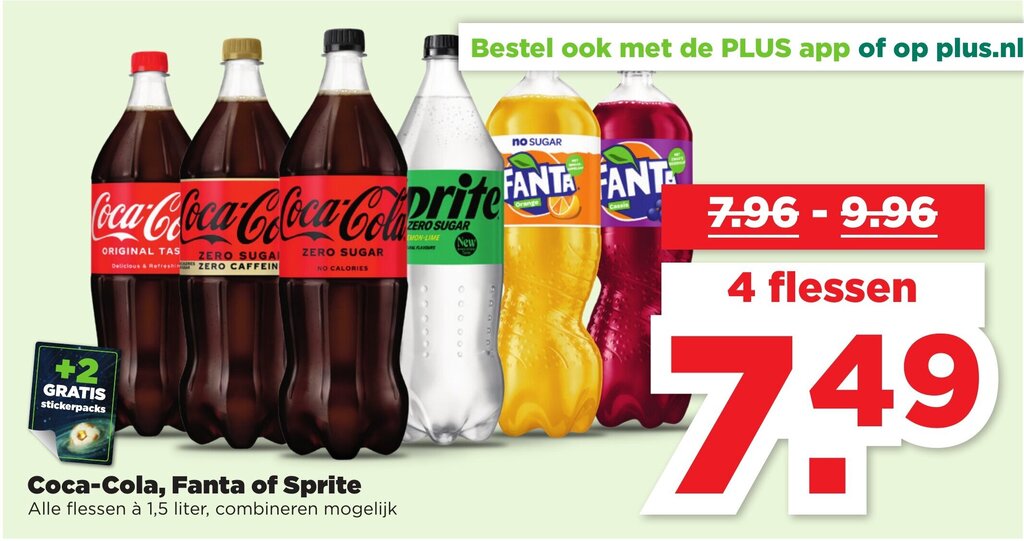Coca-Cola, Fanta of Sprite 1.5 liter 4 flessen aanbieding bij PLUS