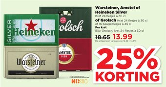 PLUS Warsteiner, Amstel of Heineken Silver of Grolsch Krat 24 flesjes 30 cl aanbieding