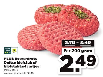 PLUS Boerentrots Duitse biefstuk of biefstuktartaartjes 200 gram aanbieding