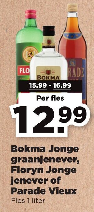 PLUS Bokma Jonge graanjenever, Floryn Jonge jenever of Parade Vieux 1 liter aanbieding