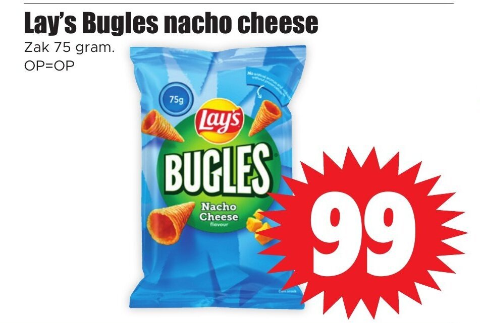 Lay's Bugles nacho cheese Zak 75 gram. aanbieding bij Dirk