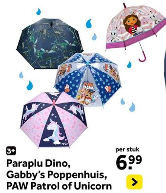 Intertoys Paraplu Dino, Gabby's Poppenhuis, PAW Patrol of Unicorn aanbieding