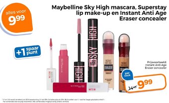 Trekpleister Maybelline Sky High mascara, Superstay en Instant Anti Age Eraser concealer aanbieding