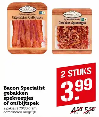 Coop Bacon Specialist gebakken spekreepjes of ontbijtspek 2*70/80g aanbieding