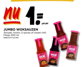 Jumbo Jumbo woksauzen teriyaki, hoisin, 5 spices of sweet chili flesje 200 ml aanbieding