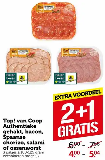 Coop Top! van Coop Authentieke gehakt, bacon, Spaanse chorizo, salami of ossenworst 3*100-125g aanbieding