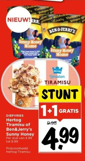 Vomar Voordeelmarkt Diepvries hertog tiramisu of ben&jerry's sunny honey aanbieding