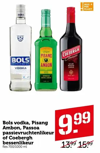 Coop Bols vodka, Pisang Ambon, Passoa passievruchtenlikeur of Coebergh bessenlikeur 700ml-1L aanbieding