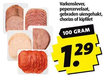 Boni Varkenslever, pepercervelaat, gebraden uiengehakt, chorizo of kipfilet 100g aanbieding