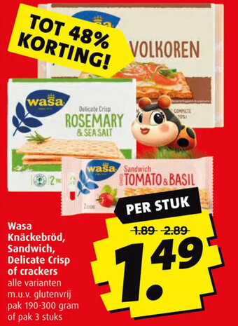 Boni Wasa Knäckebröd, Sandwich, Delicate Crisp of crackers alle varianten m.u.v. glutenvrij pak 190-300 gram of pak 3 stuks aanbieding