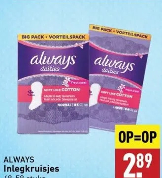 ALDI Always inlegkruisjes 48-58 stuks. aanbieding