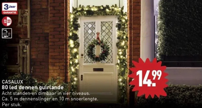 Led-dennenslinger met sneeuw en bloemen, warm wit verlicht, 274 cm, met 50 leds, werkt op batterijen, met timer, decoratieve verlichting, kunstdennenslinger voor Kerstmis en advent