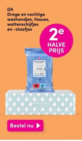 DA Da droge en vochtige washandjes, tissues, wattenschijfjes en -staafjes aanbieding