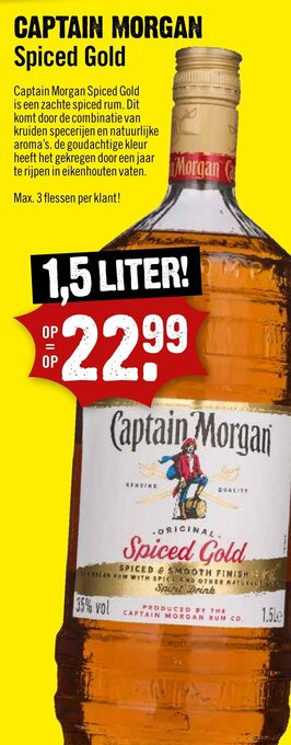 Dirck 3 CAPTAIN MORGAN Spiced Gold 1.5 liter aanbieding