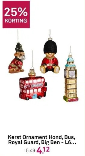 Karwei Kerst ornament hond, bus, royal guard, big ben - l6 x b5 x h11,5 cm - rood/bruin per stuk aanbieding