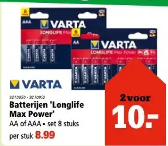 Marskramer Varta batterijen Longlife Max Power AA of AAA 8st aanbieding