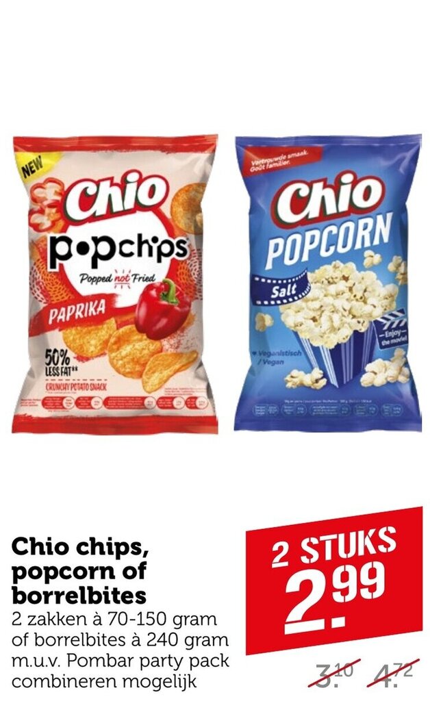 Chio chips, popcorn of borrelbites aanbieding bij Coop
