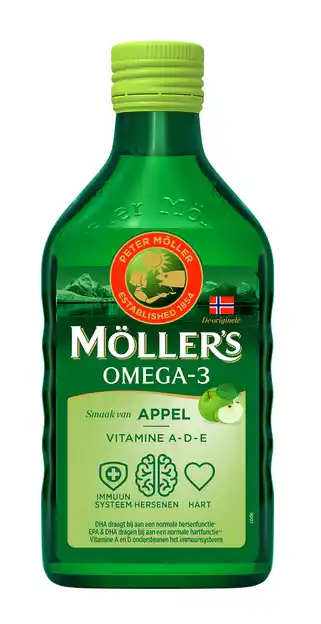 De Online Drogist Mollers omega-3 appel levertraan 250ml aanbieding