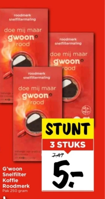 Vomar Voordeelmarkt G'woon Snelfilter koffie Roodmerk Pak 250 gram aanbieding