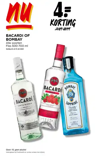 Jumbo BACARDI OF BOMBAY Alle soorten Fles 500-700 ml aanbieding