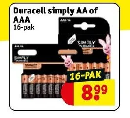 Kruidvat Duracell simply AA of AAA 16-pak aanbieding