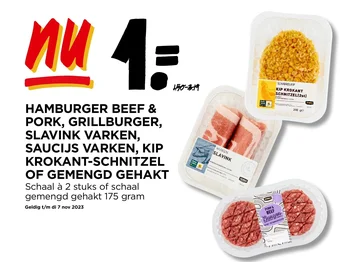 Jumbo HAMBURGER BEEF & PORK, GRILLBURGER, SLAVINK VARKEN, SAUCIJS VARKEN, KIP KROKANT SCHNITZEL OF GEMENGD GEHAKT aanbieding