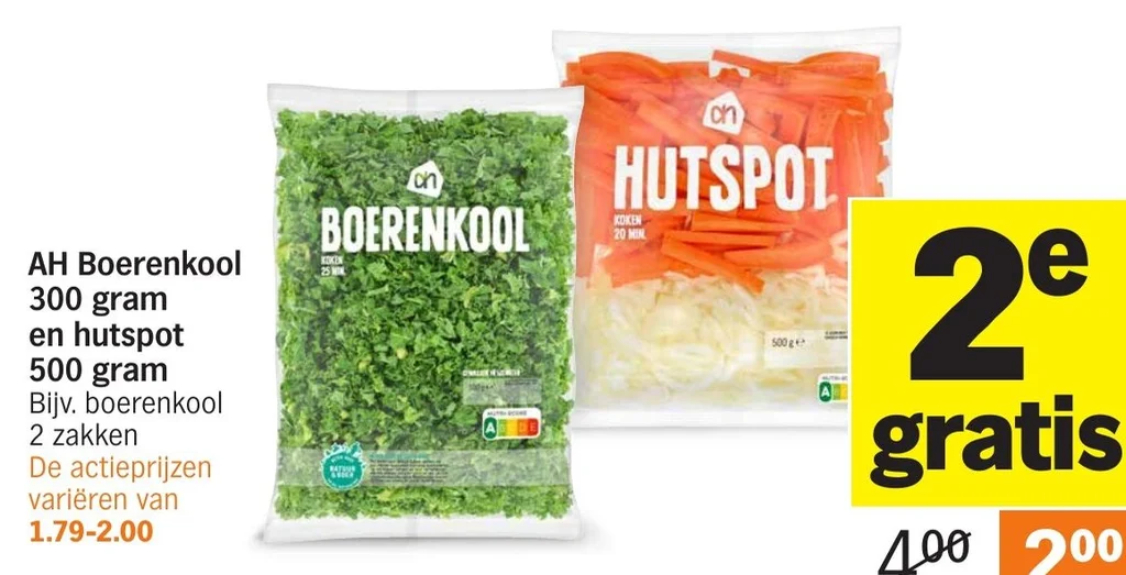 AH Boerenkool 300 gram en hutspot 500 gram aanbieding bij Albert Heijn
