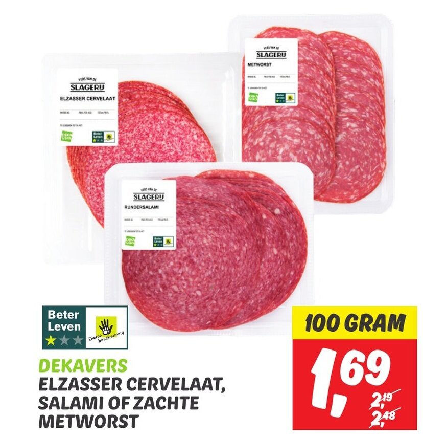 DEKAVERS ELZASSER CERVELAAT, SALAMI OF ZACHTE METWORST 100g aanbieding bij