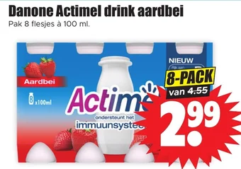 Dirk Danone Actimel drink aardbei Pak 8 flesjes à 100 ml. aanbieding