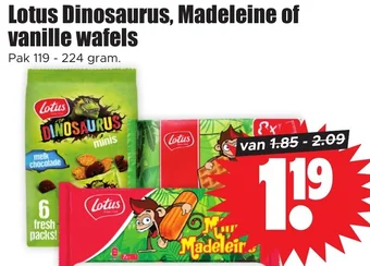 Dirk Lotus Dinosaurus, Madeleine of vanille wafels Pak 119 - 224 gram aanbieding