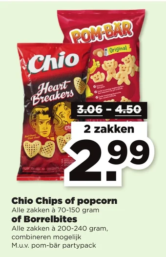 PLUS Chio Chips of popcorn of Borrelbites aanbieding