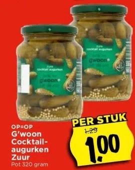 Vomar Voordeelmarkt G'woon cocktail augurken zuur pot 320 gram aanbieding