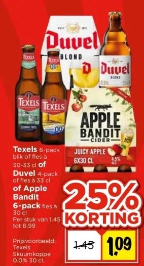 Vomar Voordeelmarkt Texels 6-pack blik of fles 30-33 cl of duvel 4-pack of fles à 33 cl of apple bandit 6-pack fles à 30 cl aanbieding