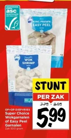 Vomar Voordeelmarkt Diepvries super choice wokgarnalen of easy peel garnalen zak 500 gram aanbieding