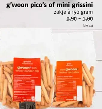 Poiesz G'woon pico's of mini grissini zakje à 150 gram aanbieding