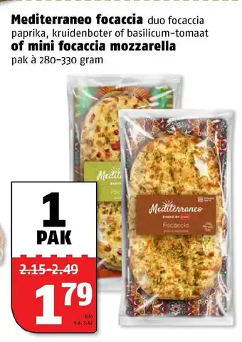 Poiesz Mediterraneo focaccia of mini focaccia mozzarella 280-330g aanbieding