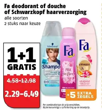 Poiesz Fa deodorant of douche of Schwarzkopf haarverzorging 1+1 aanbieding